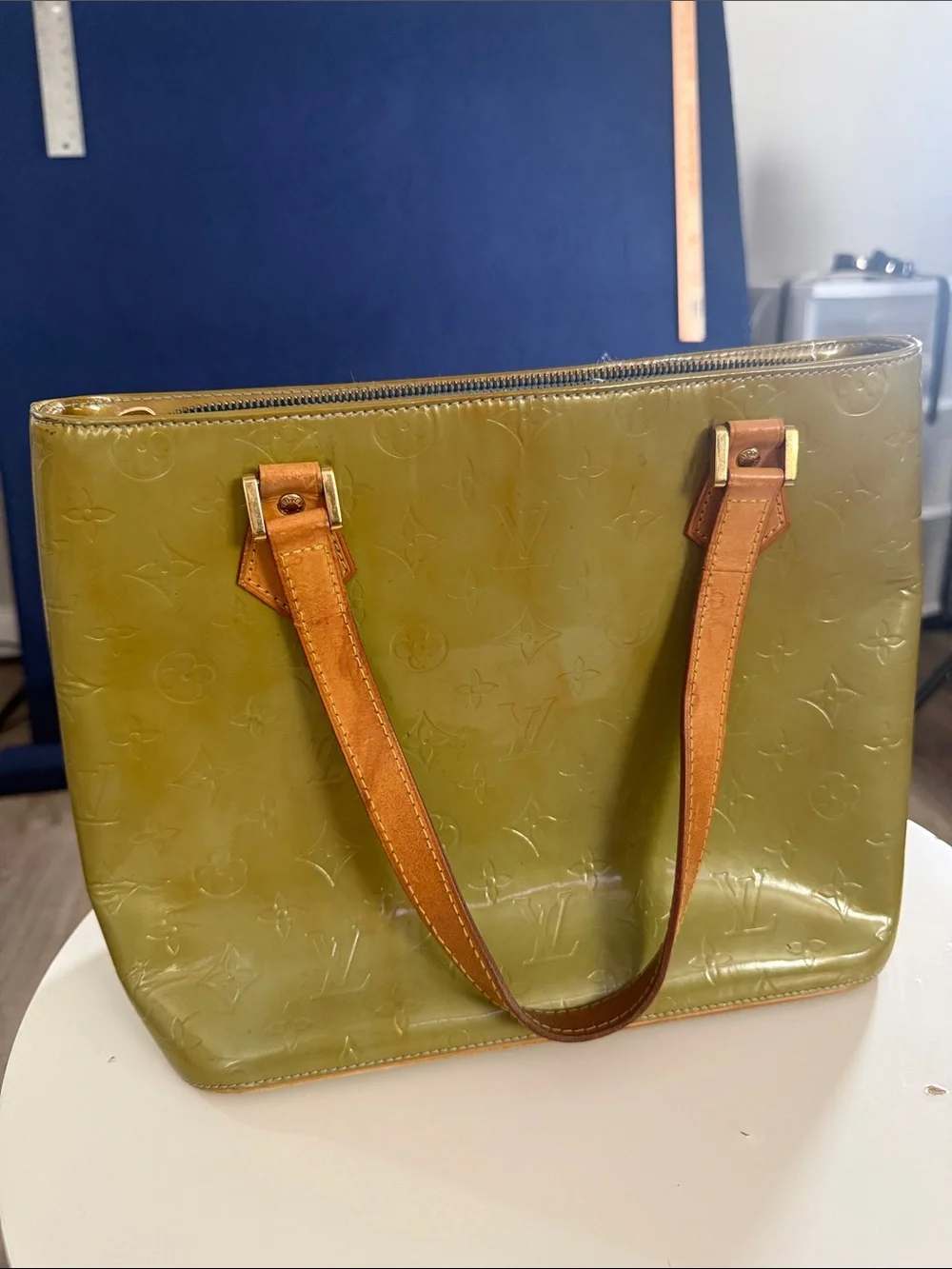 Louis Vuitton Olive Green Vernis Monogram Patent Shoulder Bag with Tan Straps